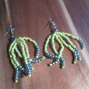 Green Seed Bead Dangle Earrings